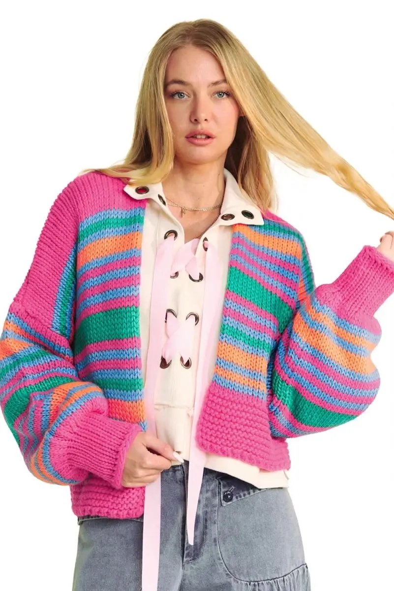 Rose Stripe Colorful Puff Sleeve Drop Shoulder Loose Cardigan - Love Salve